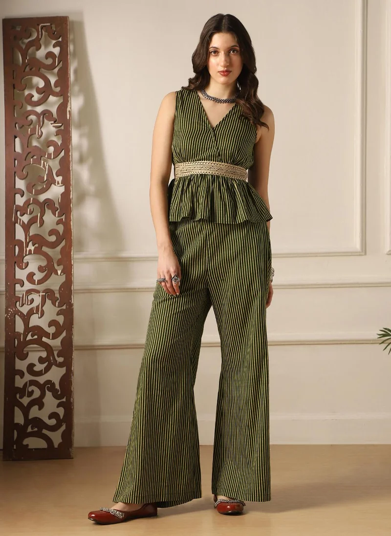 globus Globus Women Olive V-Neck Striped Embroidered Detail Peplum Top & Bell Bottom Pants Fusion Co-Ord Set